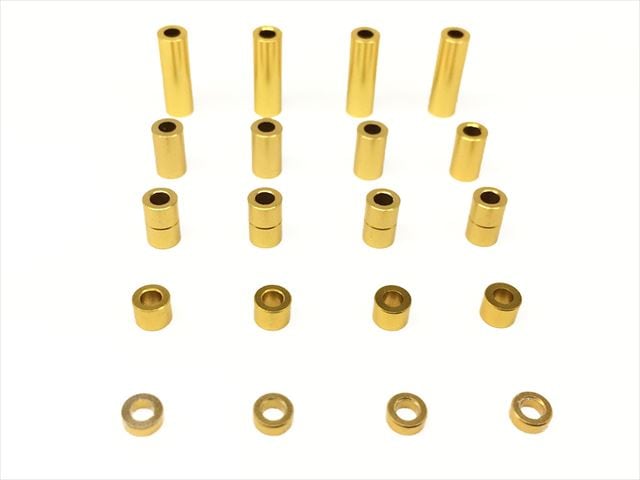 Φ2アルミカラーセット1.5t,3t,6t,6.7t,12t(ゴールド)各4個入 Each 4 pcs. of Φ2 Aluminum Collar set 1.5t, 3t, 6t, 6.7t, & 12t (gold)